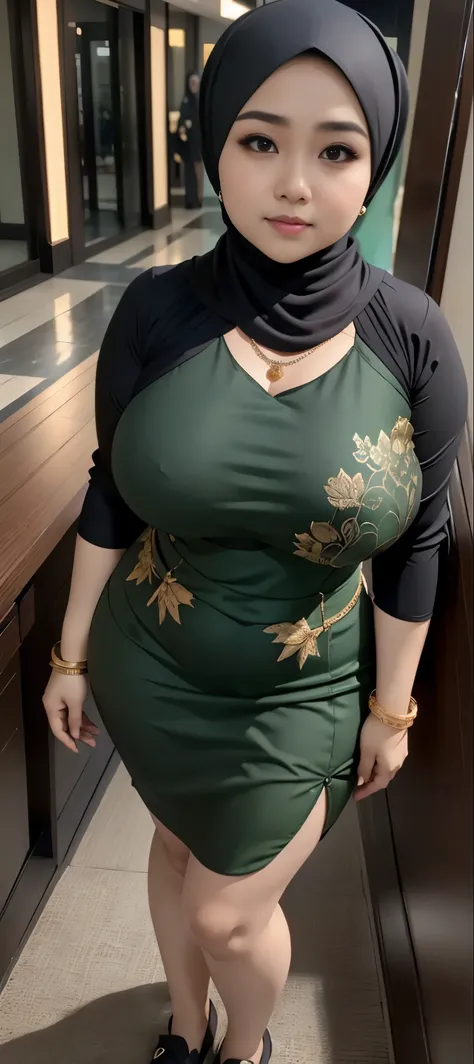 1 malay girl, modern plain hijab, shy, medium portrait, watery eyes, wearing dark green kebaya, ((big breasts)), black bokeh background, well-proportioned body,, chubby massive thighs, full body pose, wearing a necklace , wearing 10 bracelet , wearing a sn...