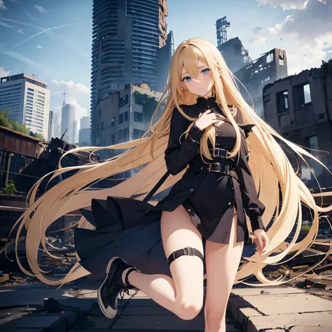 Anime girl with long blonde hair and dark blue eyes.Her outfit is damaged.She is relieved to find you are safe. She has tears in her eyes.City in ruins background