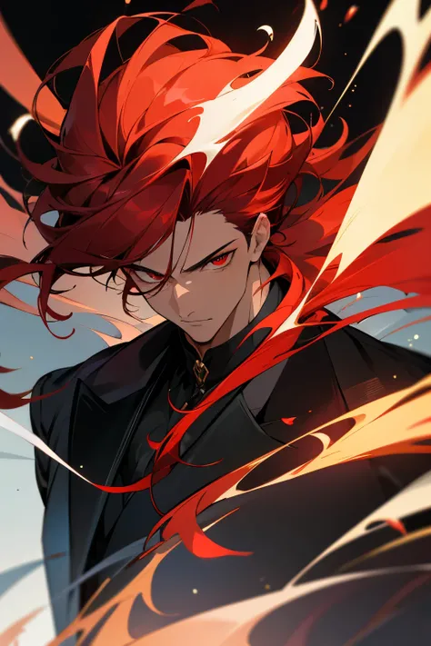 A close up of a handsome man, he has red eyes and hair, he wears elegant clothing, he has the aura of a king, he looks at the camera as if he owns the world, the background is on fire