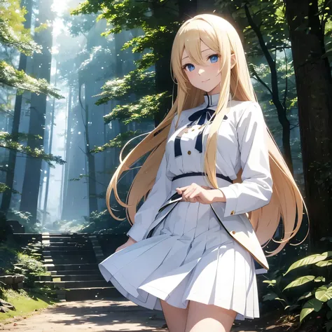 Anime girl with long blonde hair and dark blue eyes wearing white skirt. She is happy to see you.  In a forest