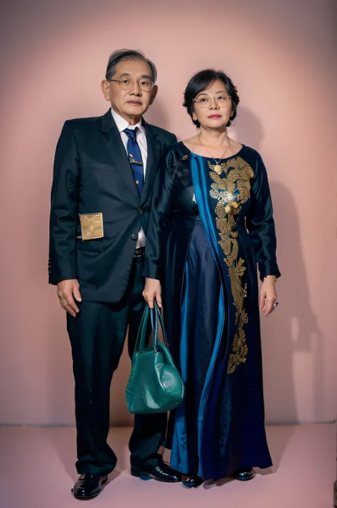 Highly realistic photo, ((masterpiece), (best quality), (raw photo), (photorealistic:1.4), A full-body photo of an old Vietnamese couple in elegant attire. The man is wearing a blue suit and tie with a red shirt, black shoes. The woman wears a aodai with a...