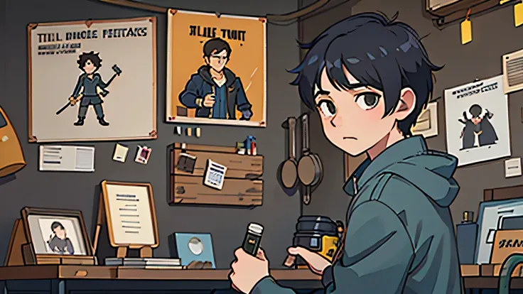 A cluttered repair shop in Vault 73. Broken machinery, tools scattered on the workbench, worn posters on the wall,Su Yu, a young boy (11-12 years old) with short dark hair. He has an earnest expression, holding a bottle of amber liqui