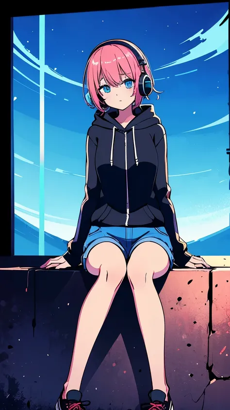 Detailed anime for girls, Wearing a hoodie with a zipper, The clothes in the hoodie、Black tank top、Denim shorts、 Wear headband headphones, praise, quiet, quiet雰囲気, cold, Gazing at the desert sky, night, quietnight, Cat, masterpiece, highest quality、Pink Ha...