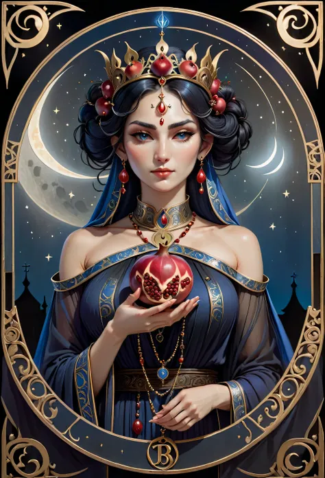 The High Priestess sits in front of a thin veil decorated with pomegranates. On either side of The High Priestess stand two pillars, marking the entrance to this sacred, mystical temple. One pillar is black with the letter B and the other is white with the...