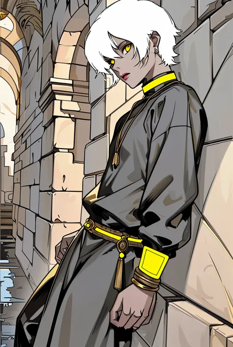 17 year old girl white hair yellow eyes black clothes with yellow gold jewelry is speaking suspiciously