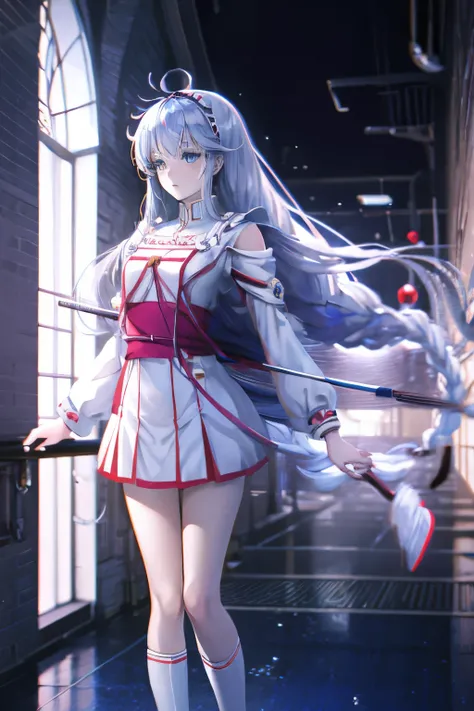 Anime girl with long hair and white coat standing in the hallway, Girl front style, From Girl Front, from the night of the ark, Portrait anime space cadet girl, Cute anime girl, Anime visuals of cute girls, Silver-haired girl, an anime girl, Anime mecha ae...