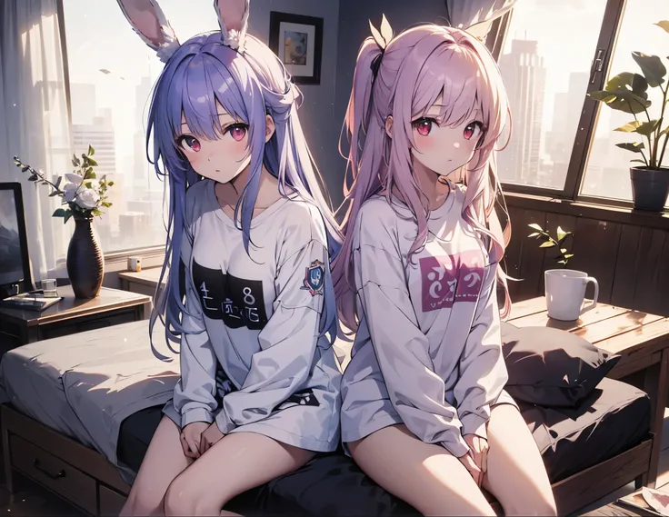 Realistic,highest quality, Ultra Detail, High-quality CG rendering, The most delicate and beautiful, Floating softly, High resolution, (1 girl), (Highest quality,4K,8K,masterpiece:1.2), Light purple hair,Rabbit,Bunny ears,Long Hair,Red eyes,(white oversize...