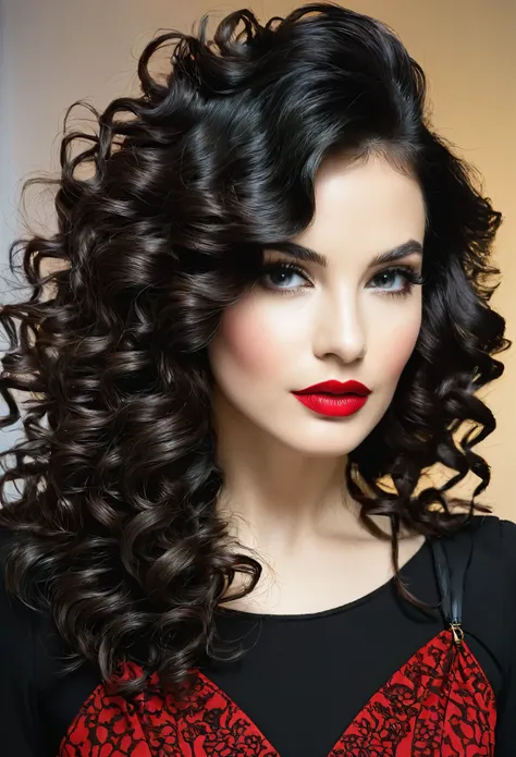 um close up de uma mulher com um vestido preto e batom vermelho, loiro encaracolado, loiro encaracoladoe hair | d & d, loiro encaracoladoe hair, loiro encaracolado hair, pale skin loiro encaracolado hair, long fluffy cabelo loiro cacheado, long fluffy loir...