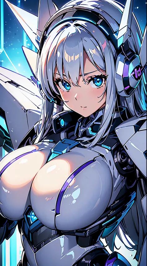 ((extreme close up:1.6))、((Shining lenses on both breasts:1.3))、((Blue pillars of light are emanating from both chests.:1.3))、(Dynamic pose:1.6)、smile、((8k)), ((32k)), ((highest quality)), ((masterpiece)), ((超A high resolution)), ((Tmasterpiece)), ((Hello:...