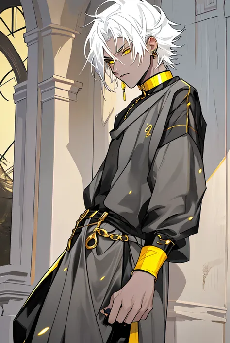 young man of 17 years old white hair yellow eyes black clothes with yellow gold jewelry is speaking suspiciously