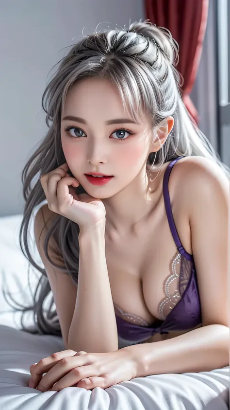 ((Girl lying on bed in bedroom)),Top quality work，Actual work，Ultra Premium Graphics，8K HD CG works，High quality graphics，High-definition CG works，10x pixels，Extremely fine detail：1.1，Advanced Technical Details：1.1 Photorealistic，Indoor lighting effects：1....