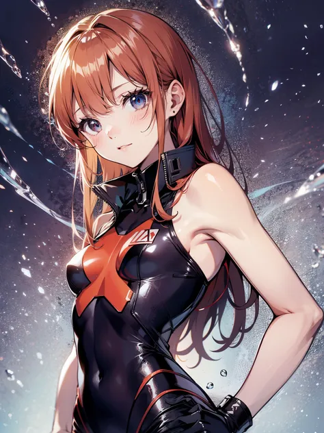 Slender pretty girl, alone, Evangelion, Shikinami Asuka Langley, {Red plug suit}, School Swimsuit, highest quality, The finer details, Don&#39;t blush, Small breasts, Small eyes, blue sky, Splash, Posing with hands on hips