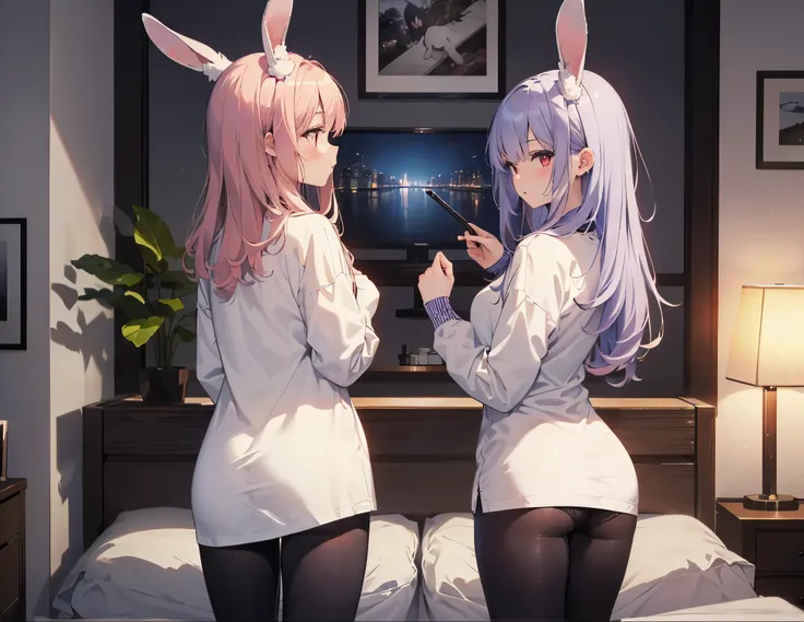 Realistic,highest quality, Ultra Detail, High-quality CG rendering, The most delicate and beautiful, Floating softly, High resolution, (1 female), (Highest quality,4K,8K,masterpiece:1.2), Light purple hair,Rabbit,Bunny ears,Long Hair,Red eyes,(white oversi...