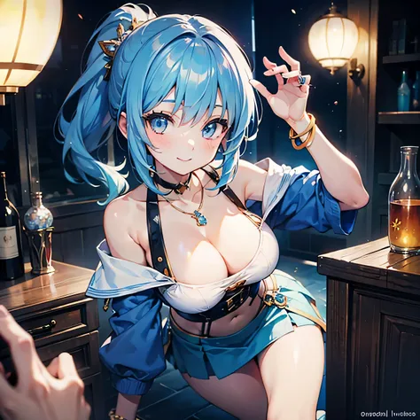 Anime Moe Art Style,highest quality,High resolution,One Girl,Mid-teens,A girl with light blue hair in a ponytail,Super detailed,off shoulder tops,mini skirt,Big Breasts,Cleavage,looking at the camera,Active,Bright smile,Throw kiss,A rich expression,Eyes dr...