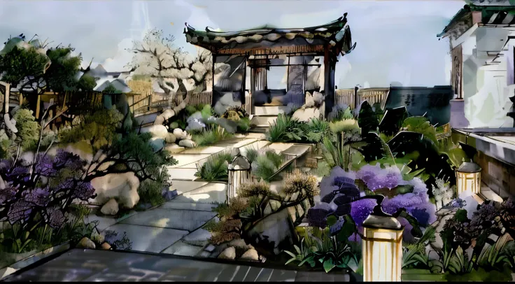 There is a small garden there，There are purple flowers and rocks inside, Realistic Garden, Rendering, 在 lumion 中Rendering pro, 在 Enscape 中Rendering, Japanese Garden, 高度详细的Rendering, 亮度Renderinging, garden环境, 完全详细Rendering, 亮度Rendering, 在 lumion 中Rendering,...