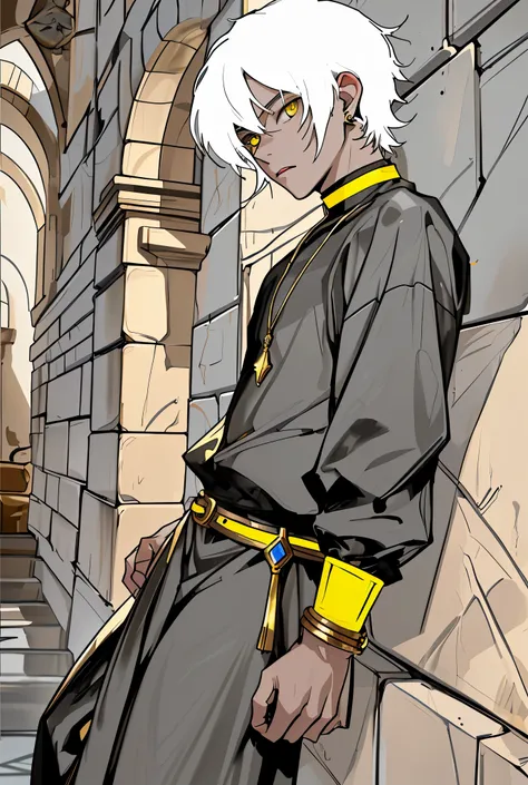 young man of 17 years old white hair yellow eyes black clothes with yellow gold jewelry is speaking suspiciously