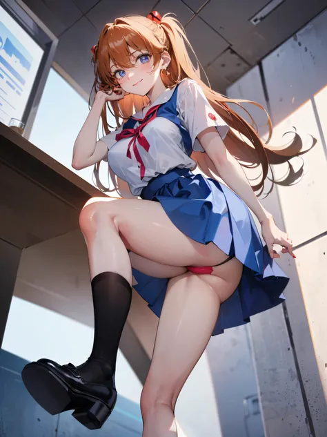 Asuka Langley Soryu，blue eyes，Hair between the eyes，Headwear，Interface Headset，Orange Hair，赤いribbon、ribbon、uniform、Skirt、Tokyo No. 3 中学校のuniform、，Show me your pants、Lace black underwear with a very small area、Big Breasts、((Small head)）、1 female、Sexy pose s...