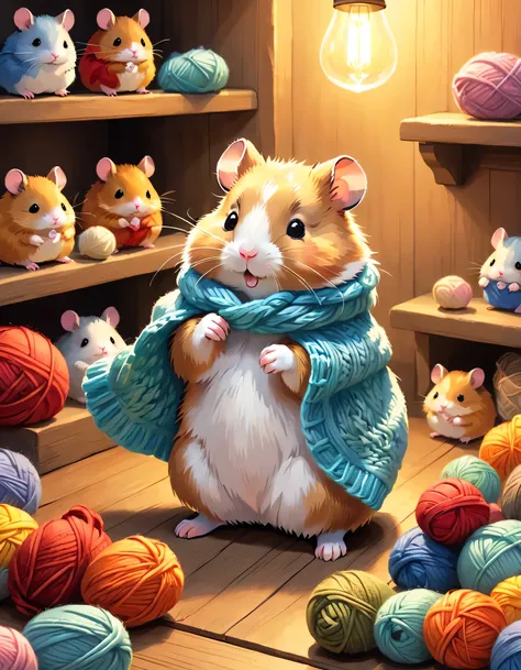 cutean illustration,hamster house,hamster family:animal:cute:knitting time:looks happy,an illustration,pop,colorful,color,hamste...