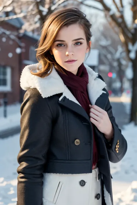 Emma Watson, 25 years old, very classy, dressed to go to the office, beautiful eyes, flirting with the camera, gorgeous hair, flirty, makeup, outside, winter, snow, 135mm, Canon, f/16, UHD, anatomically correct, masterpiece, textured skin, super detail, hi...