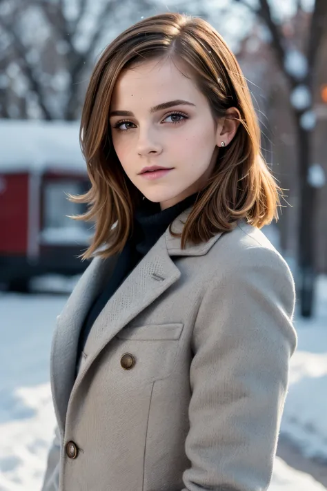 Emma Watson, 25 years old, very classy, dressed to go to the office, beautiful eyes, flirting with the camera, gorgeous hair, flirty, makeup, outside, winter, snow, 135mm, Canon, f/16, UHD, anatomically correct, masterpiece, textured skin, super detail, hi...