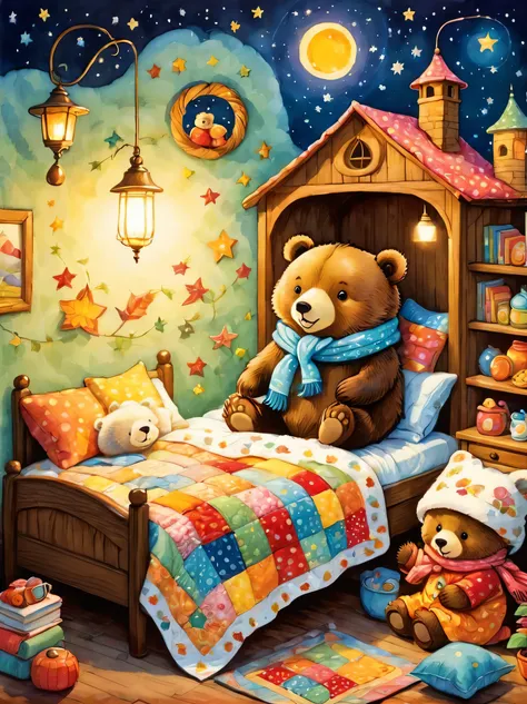 cutean illustrationクマの家,bear family:animal:hibernating:cute:nestle:sleep:comfortable and warm:looks happy,an illustration,pop,co...