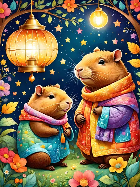 cutean illustrationカピバラの家,capybara family:animal:hibernating:cute:nestle:sleep:comfortable and warm:looks happy,an illustration,...