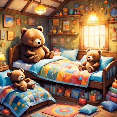 cutean illustrationクマの家,bear family:animal:hibernating:cute:nestle:sleep:comfortable and warm:looks happy,an illustration,pop,co...