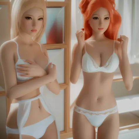 two women in lingersuits are standing next to each other, asuka suit under clothes!, barbie doll in panties and bra, in clothes! highly detailed, trending at cgstation, various seducing pose, realistic bikini, trending on cgstation, posing together in bra,...