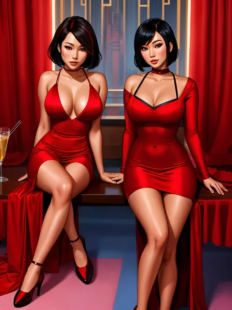 two gorgeous asian ladies, wearing short red dresses, sitting on a table, looks like Lexa Doig, bobcut black hair with red streaks