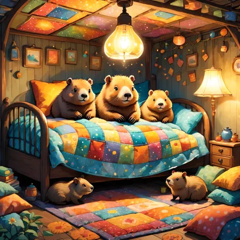 cutean illustrationカピバラの家,capybara family:animal:hibernating:cute:nestle:sleep:comfortable and warm:looks happy,an illustration,...