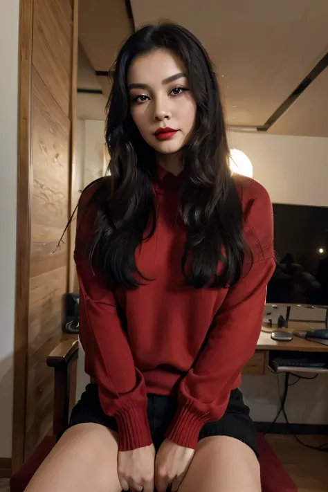 ((top quality, 8K, masterpiece: 1.3)), beauty. The hidden face. (Beautiful Chinese). beauty:1.3. Slim abs :1.1, long black hair. (((Red sweater)). Hes sitting on a chair at home. in the background is a powerful gaming computer))), Looking directly into the...