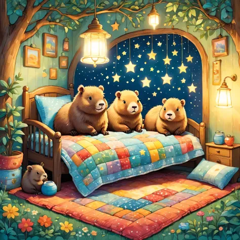 cutean illustrationカピバラの家,capybara family:animal:hibernating:cute:nestle:sleep:comfortable and warm:looks happy,an illustration,...