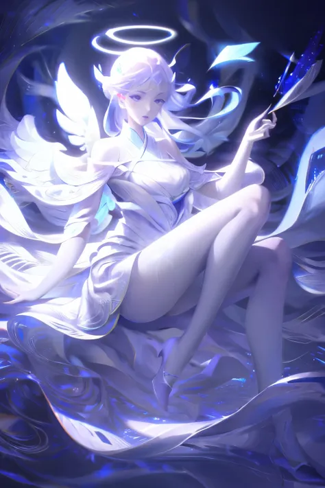 Beautiful angel in white dress, art station chengwei, Halo, White feather  