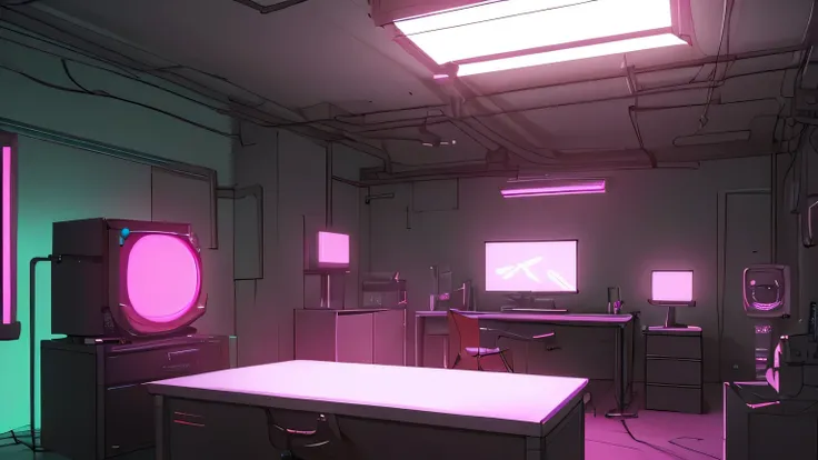 Realistic neon studio setup in the room，The room should have windows，Cyberpunk Background，Front view，There is also a desk.