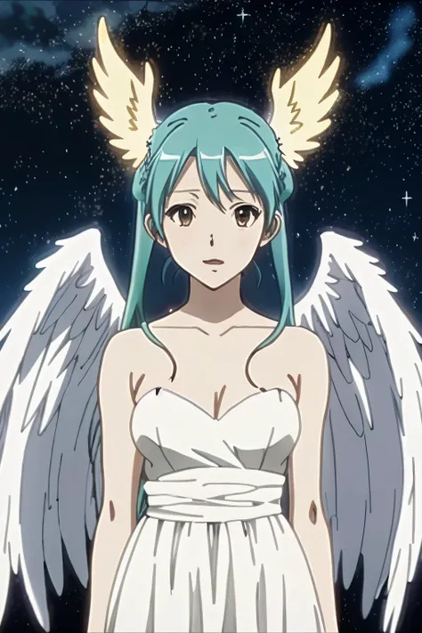 (anime coloring, anime screencap, ghibli, mappa, anime style), 1girl, hatsune miku, white gown, angel, angel wings, golden halo, dark background, upper body, (closed mouth:1.2), looking at viewer, arms behind back, blue theme, stars, starry night