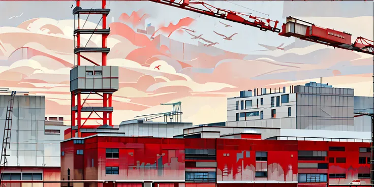 painting of a red crane in front of a red building, architectural painting, realistic painting of a complex, industrial colours, factory background, red building, stylized digital illustration, construction, construction site, in style of digital painting,...