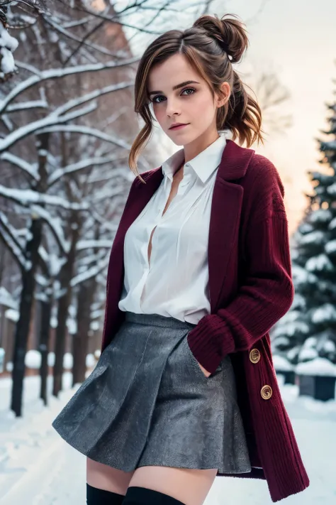 Emma Watson, very classy, flirting with the camera, beautiful hair, flirty, ruffled lip, makeup, sexy blouse, short skirt, knee high socks, ankle boots, outside, winter, snow, 135mm, Canon, f/16, UHD, anatomically correct, masterpiece, textured skin, super...