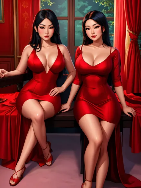 two gorgeous asian ladies, short red dresses, sitting on a table, detailed eyes and lips, flowing long black hair with red streaks, vibrant colors, (best quality,4k,8k,highres,masterpiece:1.2), ultra-detailed, (realistic,photorealistic,photo-realistic:1.37...