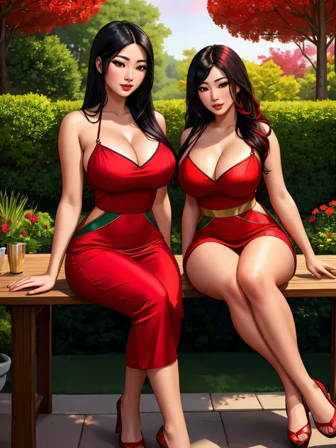 two gorgeous asian ladies, short red dresses, sitting on a table, detailed eyes and lips, flowing long black hair with red streaks, vibrant colors, (best quality,4k,8k,highres,masterpiece:1.2), ultra-detailed, (realistic,photorealistic,photo-realistic:1.37...