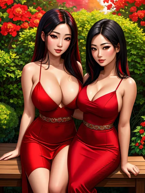 two gorgeous asian ladies, short red dresses, sitting on a table, detailed eyes and lips, flowing long black hair with red streaks, vibrant colors, (best quality,4k,8k,highres,masterpiece:1.2), ultra-detailed, (realistic,photorealistic,photo-realistic:1.37...