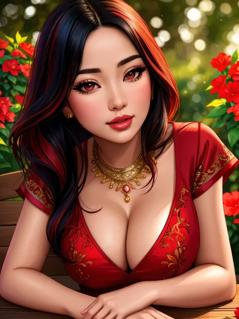 two gorgeous asian ladies, short red dresses, sitting on a table, detailed eyes and lips, flowing long black hair with red streaks, vibrant colors, (best quality,4k,8k,highres,masterpiece:1.2), ultra-detailed, (realistic,photorealistic,photo-realistic:1.37...