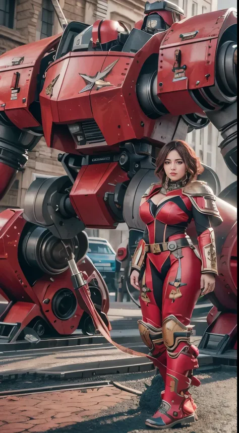 (The main subject: Wide-angle lens), salama，Singer Madonna as Marine Astartes, (Show on the(humongous large breast)Power mech) colours： red colour, (warhammer40k)，Realistic metal mech,Standing in the street.(Best quality,4K,8K,A high resolution,Masterpiece...