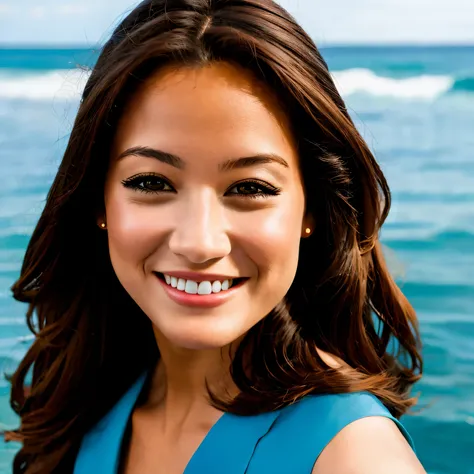 a photo of a woman aged 25-30 years old with a smile, looking directly into the camera against the background of the sea