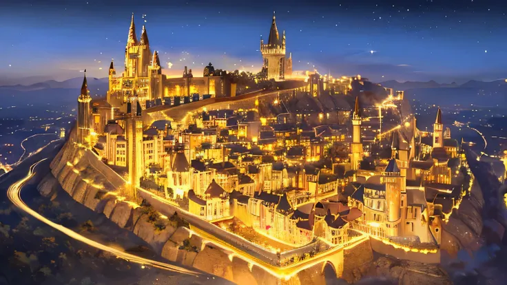 Made from gold bars　Medieval castle town　shine　Light is reflecting　dazzling　In the heart of the city