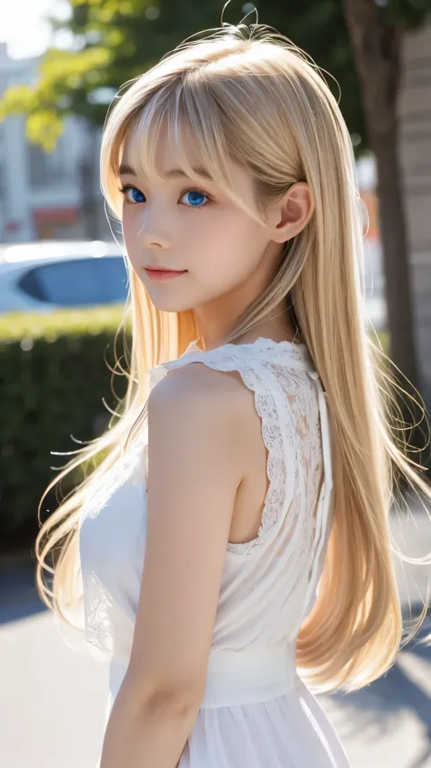 shining, clear, white skin、her windblown blonde hair hides her beautiful face、huge、28 years old cute sexy little beautiful face、...