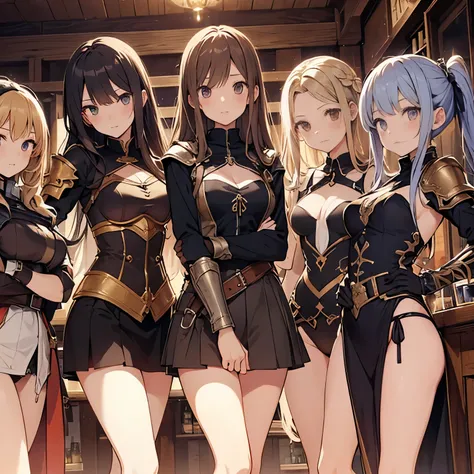 A group of female adventurers set in a medieval fantasy world, (At the pub), Mr.々Hair style, Harem, night, Detailed aspect, Short skirt, Seduce, No sleeve, armor 、showing off panties