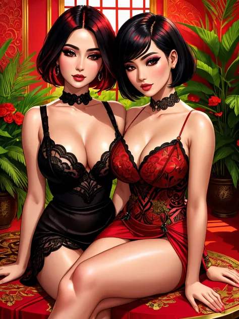 (best quality,4k,8k,highres,masterpiece:1.2),ultra-detailed,(realistic,photorealistic,photo-realistic:1.37),portrait, vibrant colors, glamorous, exquisite makeup, dramatic lighting, vibrant atmosphere,two gorgeous asian ladies, stunning beauty, delicate fa...