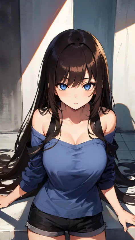 (masterpiece, highest quality, Very detailed, Best Shadow), (Beautifully detailed face), High Contrast,1girl,only,Dark brown hair,Straight Long Hair,Side Tail,Blue, clear eyes,Upper Eye,Shorts, Off the shoulder, Exposing shoulders, Open jacket,She has big ...