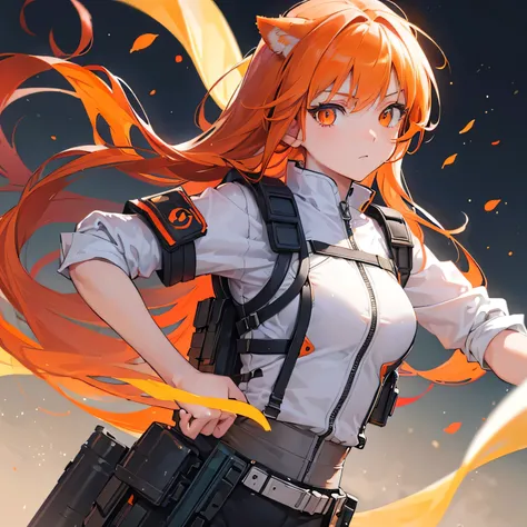 (best quality, ultra-detailed, realistic:1.37), anime, Neko girl, orange hair, vibrant eyes, Nekomimi, tactical vest, white flat background, tactical pose, vivid colors, sharp focus, looking to the right