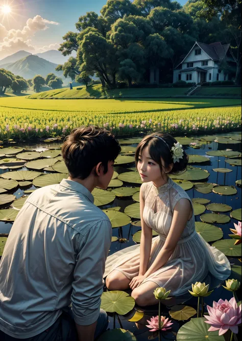 A girl and a boy can be seen gazing at each other in a lotus flower field on a small hill.、They&#39;re both standing there、There is a farmhouse a little far away., Light is visible from the farmhouse window、I can see some tall trees、The Andromeda Galaxy sw...